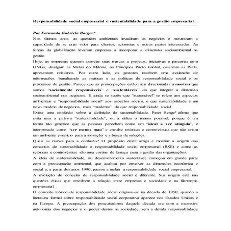 Responsabilidade social empresarial e sustentabilidade para a gestão empresarial