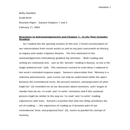 Response paper to chapters 1 and 2 of sumara