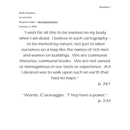 Response paper to english patient by buffy hamilton 2 3-04 elan 8410