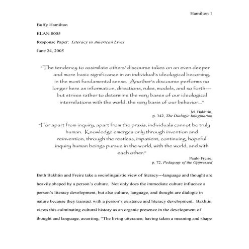 Response Paper To Literacy In American Lives June 2005 Buffy Hamilton