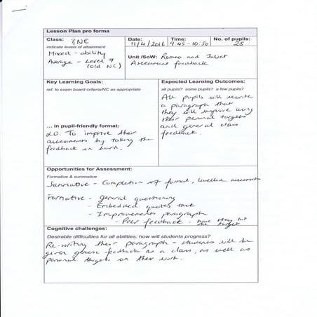 Response to marking Lesson plan 11/4/2016
