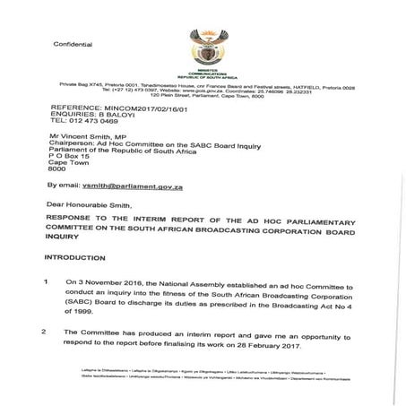 Minister of Communications responds to SABC inquiry report | PDF