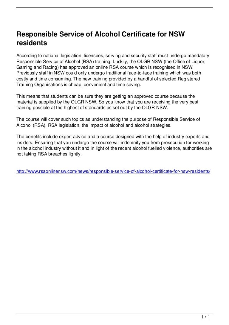 Responsible Service of Alcohol Certificate for NSW residents