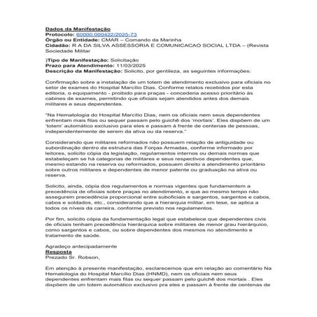 Resposta - Marinha sobre atendimento médico