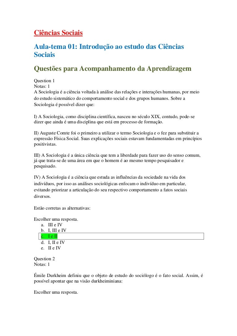 Respostas corretas ciências sociais - aulas 1 2 3 4