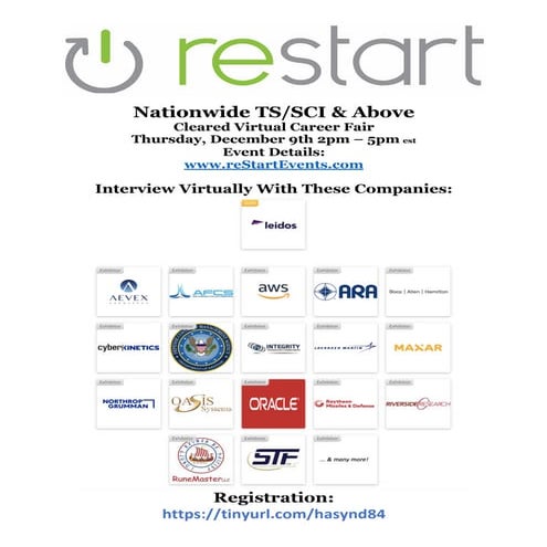 reStartEvents TS/SCI & Above Virtual Career Fair Employer Directory