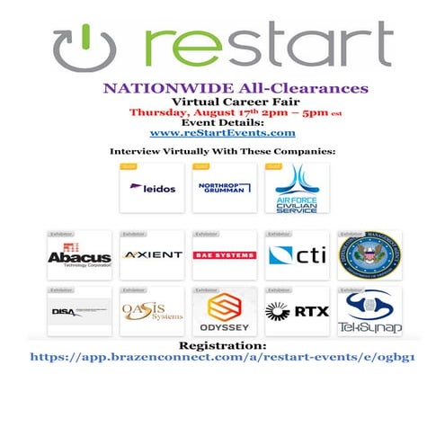 reStartEvents 8:17 Nationwide All-Clearances V-Career Fair Employer Directory...
