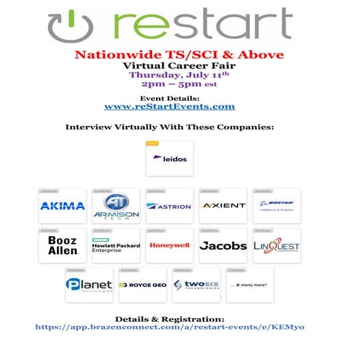 reStartEvents Nationwide TS/SCI & Above Cleared Virtual Career Fair