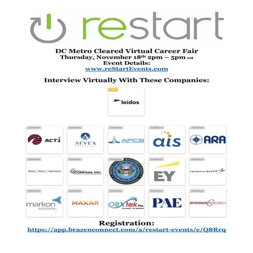 reStartEvents November 18th DC Metro Cleared Virtual Career Fair Employer Dir...