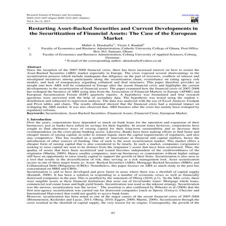 Restarting asset backed securities and current developments in the securitiza...