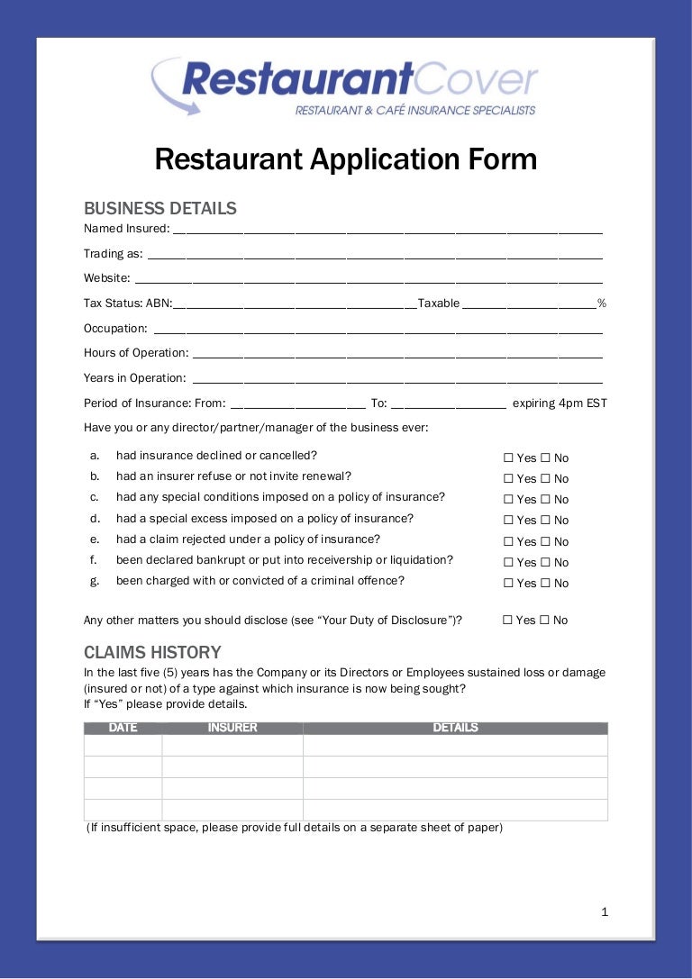 Restaurant Application Form - Restaurant Cover Insurance