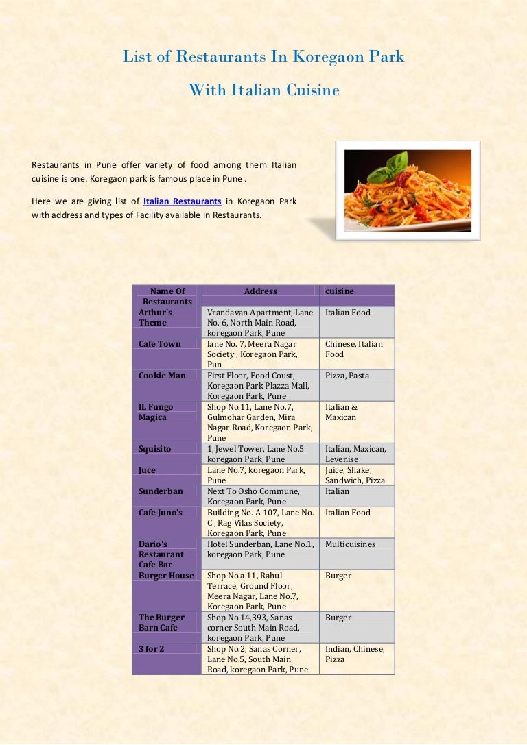Restaurants In Koregaon Park With Italian Cuisine