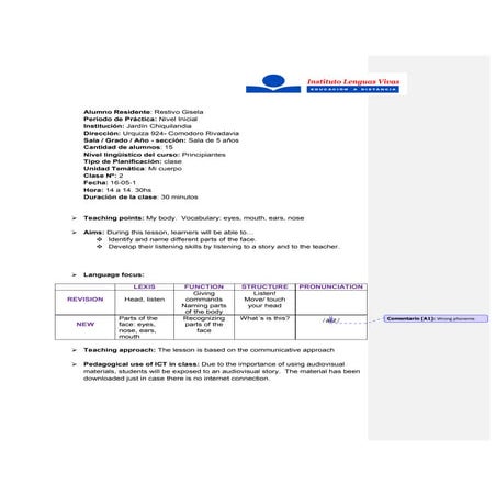 Gisela Restivo- Kindergaten- Lesson plan 2