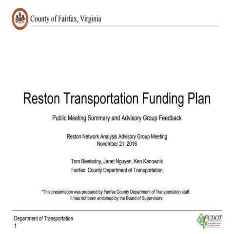 Reston Transportation Funding Plan: Public Meeting Summary and Advisory Group...