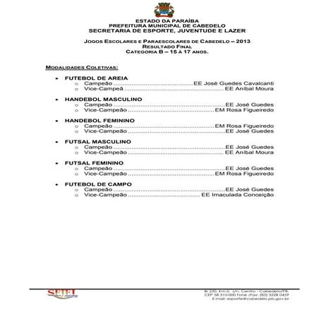 Resultado Final - Jogos Escolares e Paraescolares de Cabedelo – 2013 