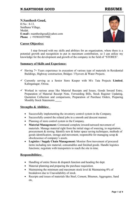 storekeeper resume samples