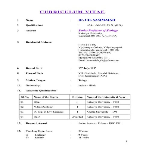Prof.Ch.Sammaiah Biodata/CV.
