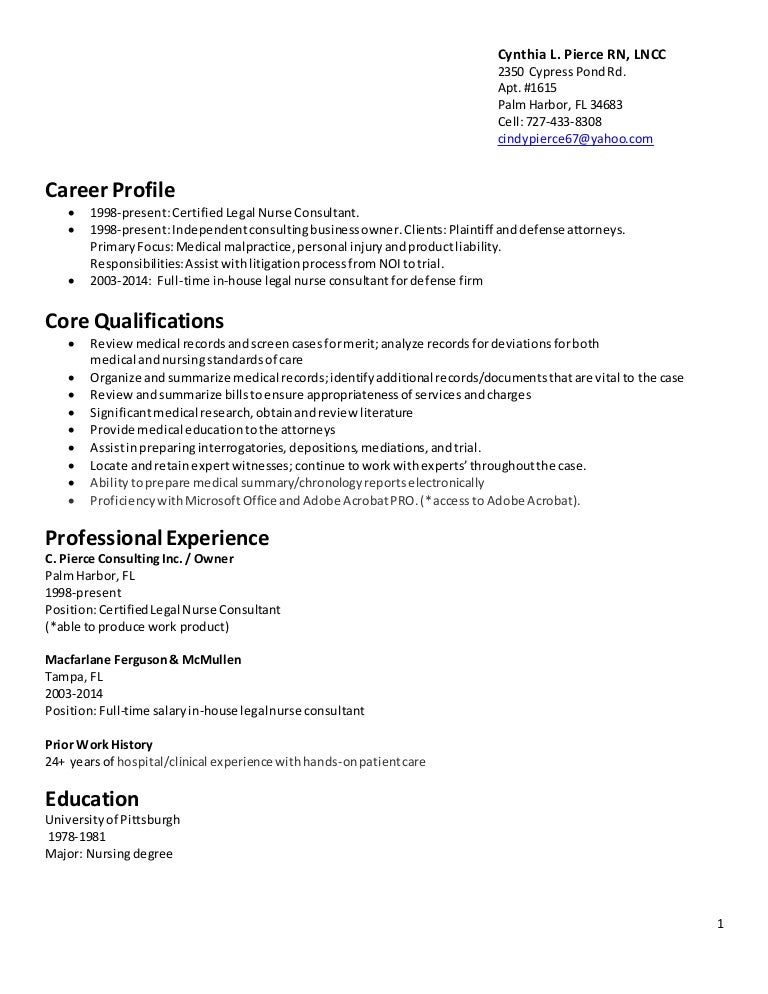 legal nurse consultant resume