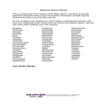 Resume action words worksheet