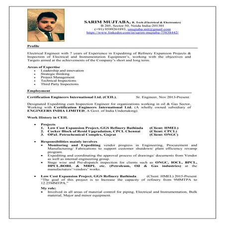 Resume Expediting & Inspection Engineer (Oil & Gas)