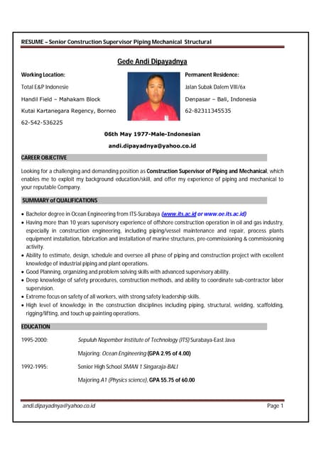 piping supervisor resume
