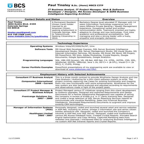 Paul Tinsley Resume (Nov. 2009)