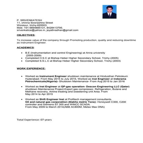 Resume srivenkatesh instrumentation engineer