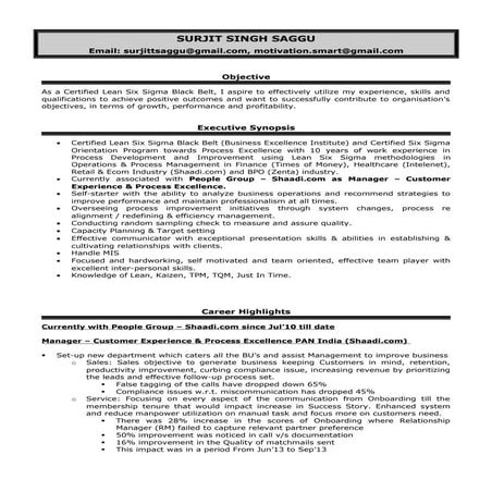 Surjit's Resume - Manager Customer Experience & Process Excellence