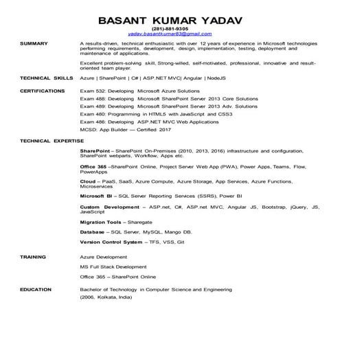 Technical Lead (Azure , SharePoint, ASP.Net ), 12+ years exp.