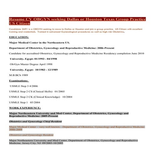 Resume CV OBGYN Physician Seeking Dallas or Houston Texas Group ...
