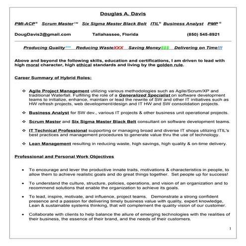 Resume, doug davis, 10 18-15 pmi-acp, pmp, scrum master, six sigma master, ba...
