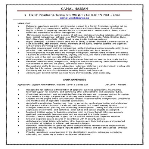 Resume for admin. assistant
