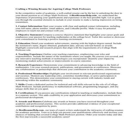 Resume For College Math Professor
