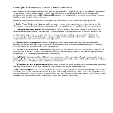 Resume For Kennel Attendant. At BestResumeHelp.com