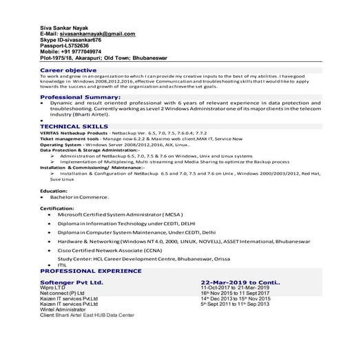 Resume for Wintel Administrator
