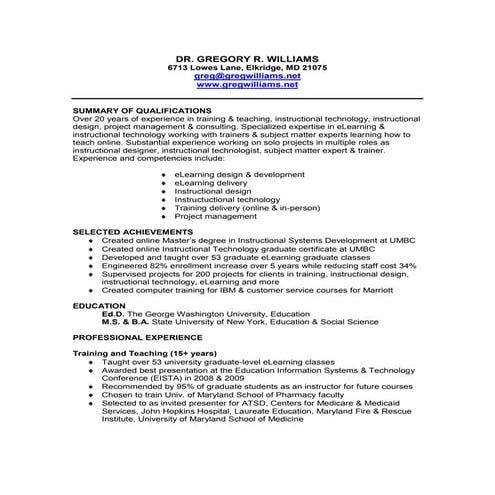 Resume of Greg Williams