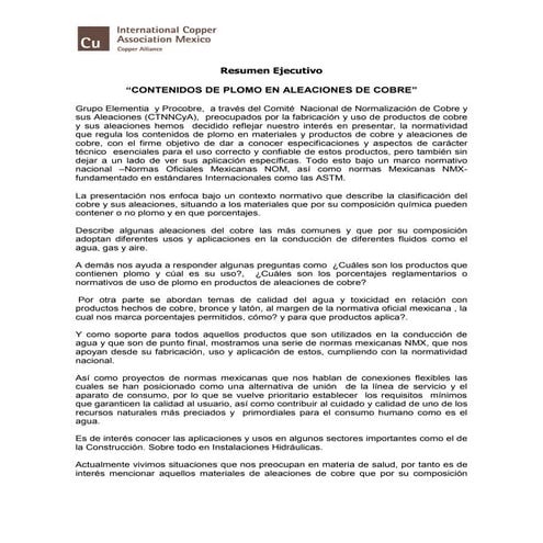 Resumen ejecutivo: Contenido de Plomo en Aleaciones de Cobre, (ICA, Procobre,...