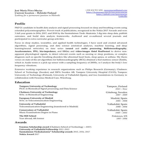 resume Jose Perez-Macias Biomedical Engineer Machine Audition Health Scientist