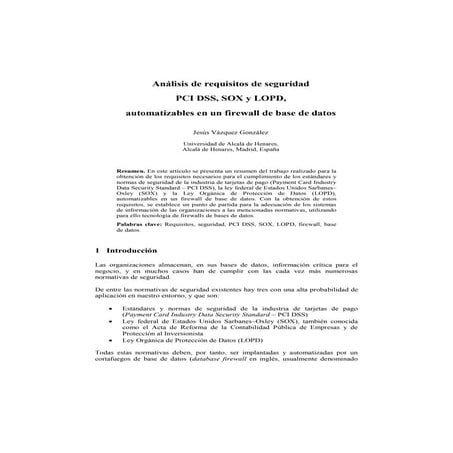 Resumen análisis de requisitos de seguridad PCI DSS, SOX y LOPD, automatizabl...