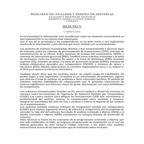 Resumen de analisis y diseño de sistemas  kendall & kendall