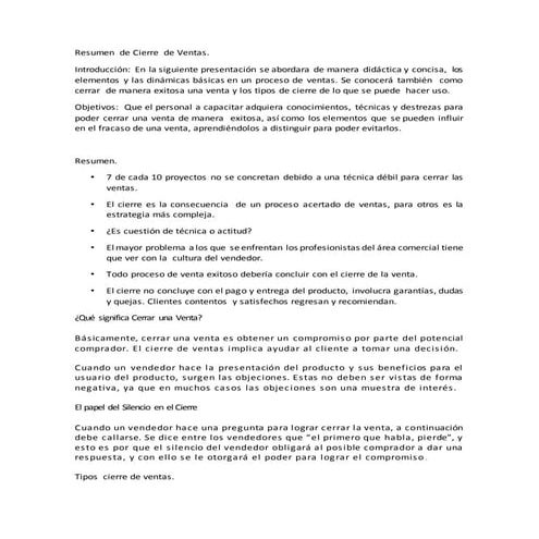 Resumen  de cierre  de ventas para entregar.