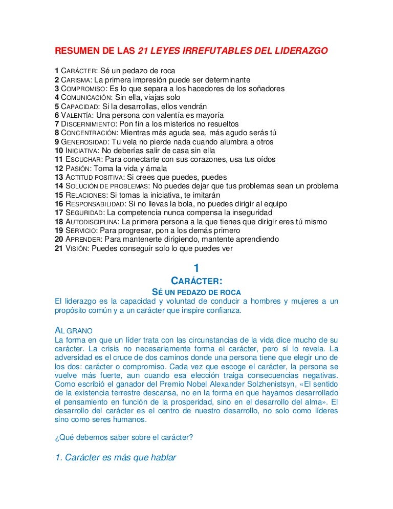 Resumen De Las 21 Leyes Irrefutables Del Liderazgo