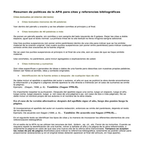 Resumen de políticas de la apa para citas y referencias bibliográficas