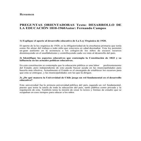 Resumen desarrollo educacional 1810  1960 fenando campos (1990)