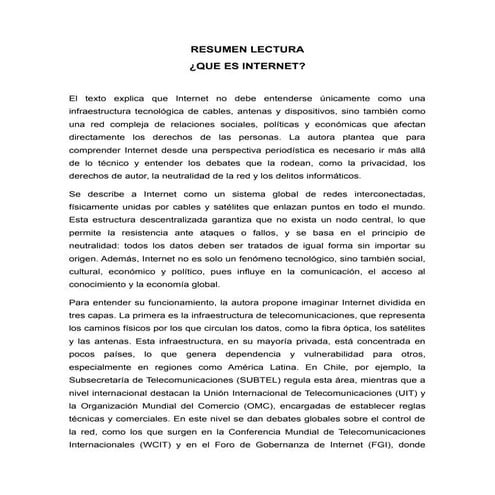 RESUMEN LECTURA SOBRE QUE ES EL INTERNET