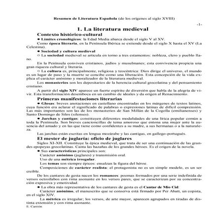literatura española resumidos desde Edad Media