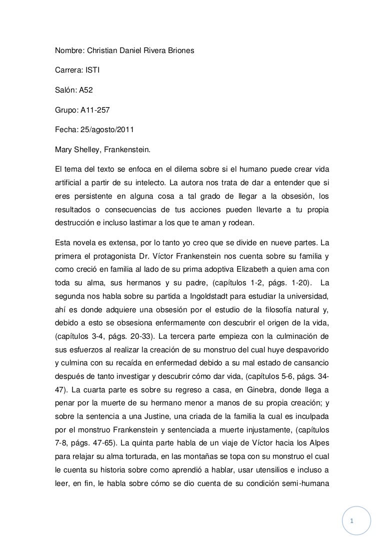 Resumen novela frankenstein