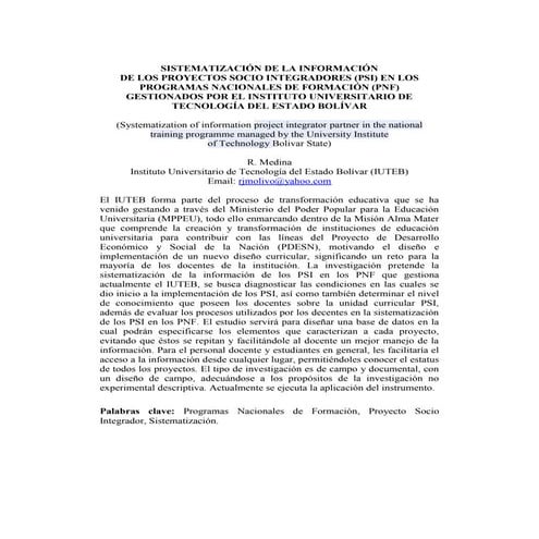 SISTEMATIZACION DE LA INFORMACION DE LOS PROYECTOS SOCIO INTEGRADORES (PSI) EN LOS PROGRAMAS NACIONALES DE FORMACION (PNF) GESTIONADOS POR EL IUTEB.