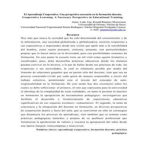 Resumen Trabajo Aprendizaje Cooperativo. Una perspectiva necesaria en la formación docente