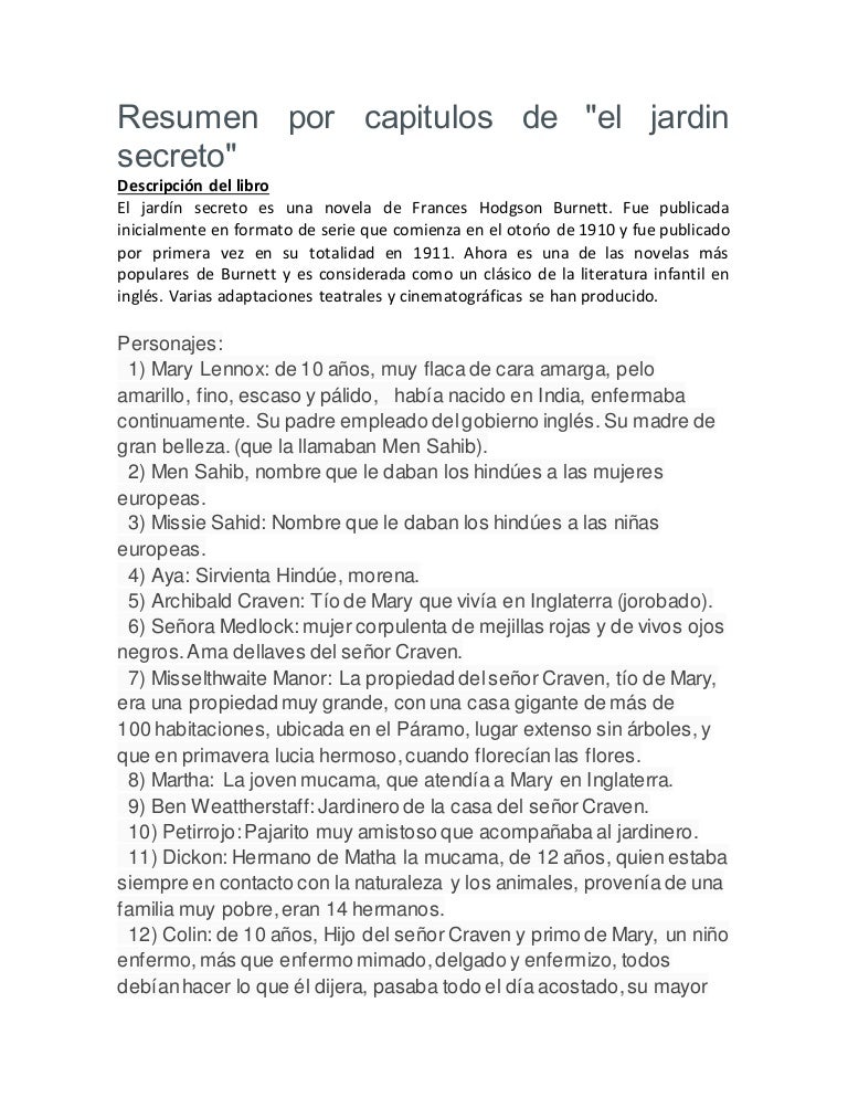 Resumen por capitulos de jardin secreto